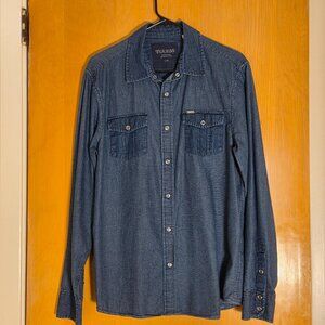 Vintage Guess Pearl Snap Shirt Mens L Blue Pin Dot Denim Western Rodeo Y2K 90s